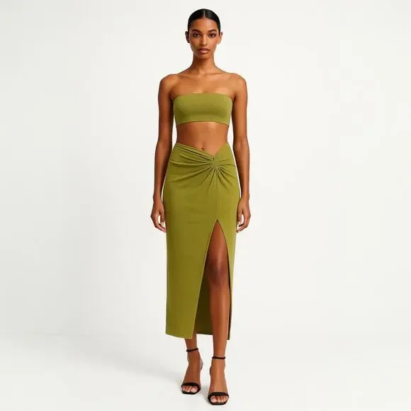 Princess Polly | Skirts | Princess Polly Green Strapless Tube Bandeau Crop  Top Slit Midi Skirt 2 Pc Set 4 | Poshmark